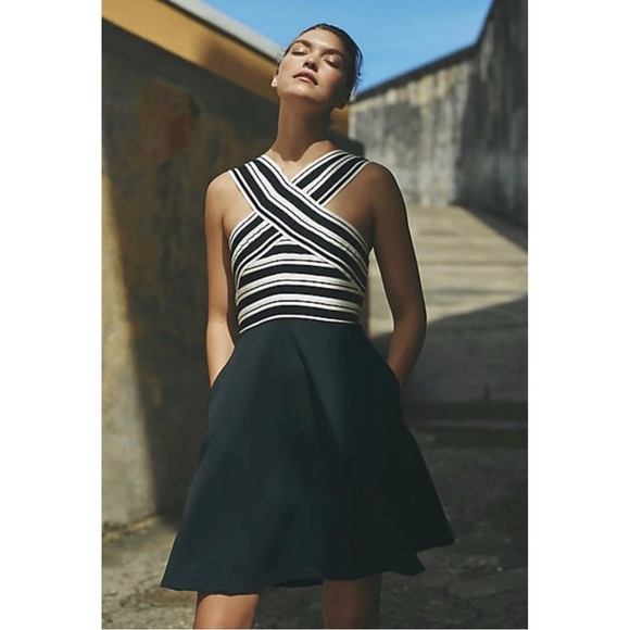 Anthropologie Maeve Black White Crosswise Flare Skater Dress, size 4 - Picture 14 of 15